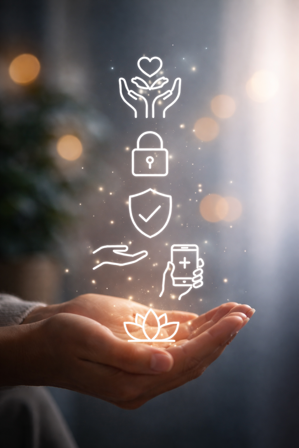 Imagen simbólica de valores de Núcleo Humano con manos e íconos de cuidado y confianza