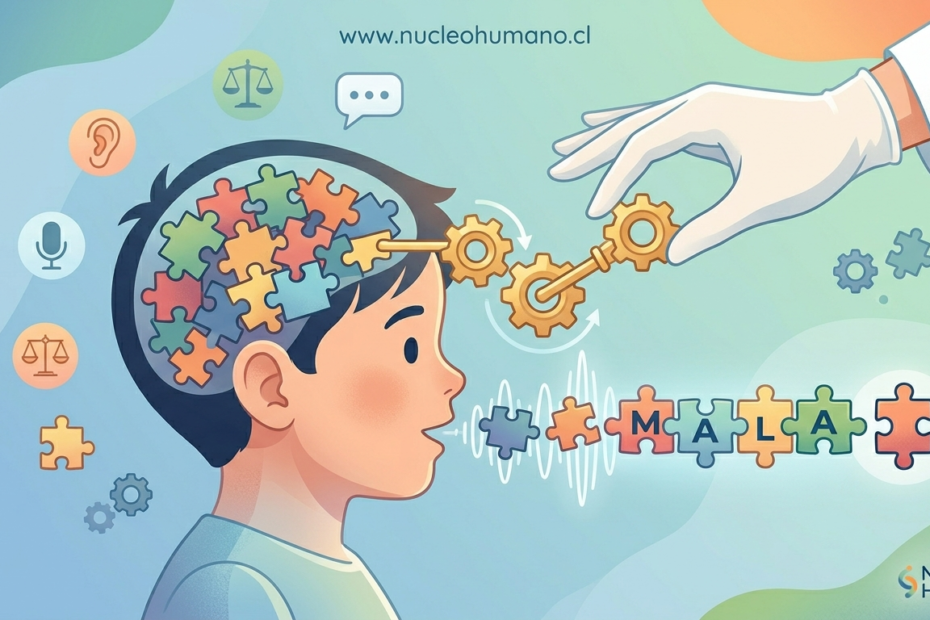 Ilustración conceptual de fonoaudiología para apraxia del habla infantil, con un niño y elementos simbólicos de engranajes y piezas de rompecabezas que representan la planificación del habla.