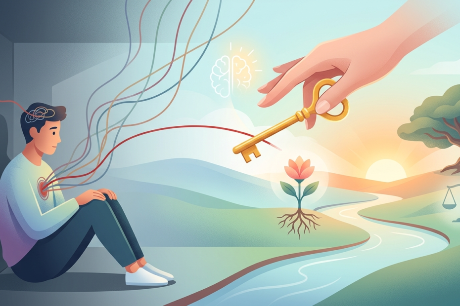 Ilustración de una persona liberándose de cuerdas de dependencia emocional con apoyo de psicología clínica y una llave simbólica.