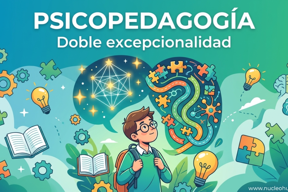 Ilustración conceptual de psicopedagogía sobre la doble excepcionalidad que muestra a un estudiante con nubes de pensamiento representando altas capacidades y desafíos de aprendizaje.