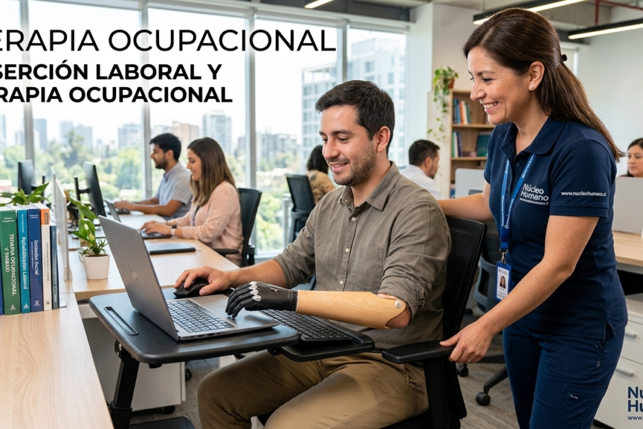 Terapeuta ocupacional de Núcleo Humano asesorando a un trabajador en su puesto de oficina para una inclusión laboral efectiva.