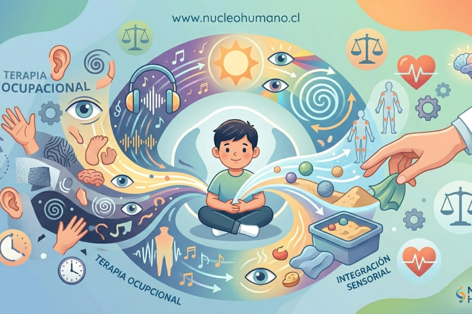 Ilustración conceptual de Terapia Ocupacional e Integración Sensorial. Un niño en el centro rodeado de iconos que representan los sentidos (oído, vista, tacto, gusto y equilibrio) procesando estímulos en un entorno clínico profesional.
