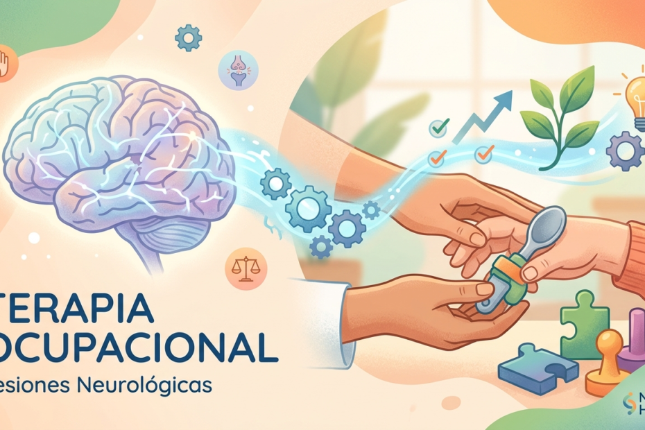 Ilustración conceptual de Terapia Ocupacional para rehabilitación de Lesiones Neurológicas. Un cerebro brillante conectado por engranajes y energía a manos guían el uso de una cuchara adaptada, con iconos de crecimiento, progreso y puzles. Texto visible: "Terapia Ocupacional Lesiones Neurológicas".