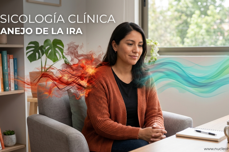 Mujer en sesión de psicología clínica para el manejo de la ira con representación visual de calma y autorregulación emocional.