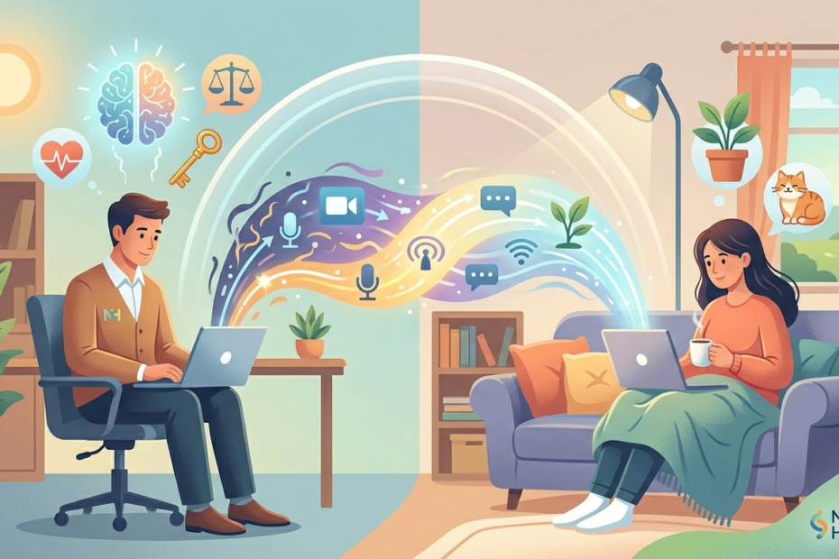 Ilustración conceptual de psicoterapia online con un psicólogo clínico y una paciente conectados digitalmente, con símbolos de salud mental y bienestar en estilo flat design.