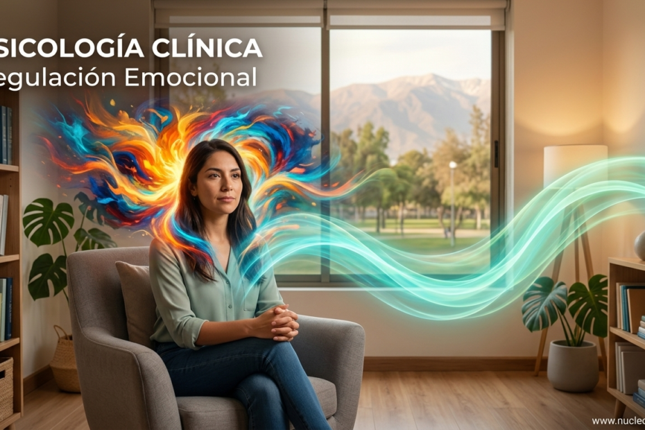 Mujer en una consulta de psicología clínica con una representación visual de la regulación emocional, transformando pensamientos caóticos en ondas de calma y equilibrio.