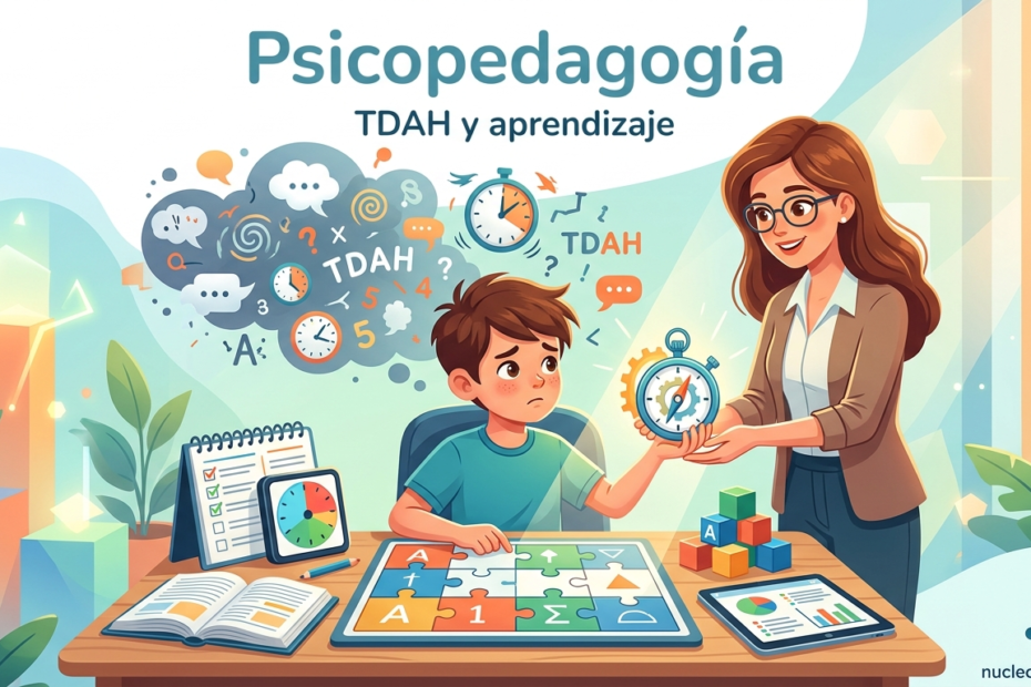 Ilustración conceptual de psicopedagogía para TDAH y aprendizaje: una profesional ayudando a un niño a organizar sus ideas mediante herramientas visuales, cronómetros y rompecabezas de lógica.