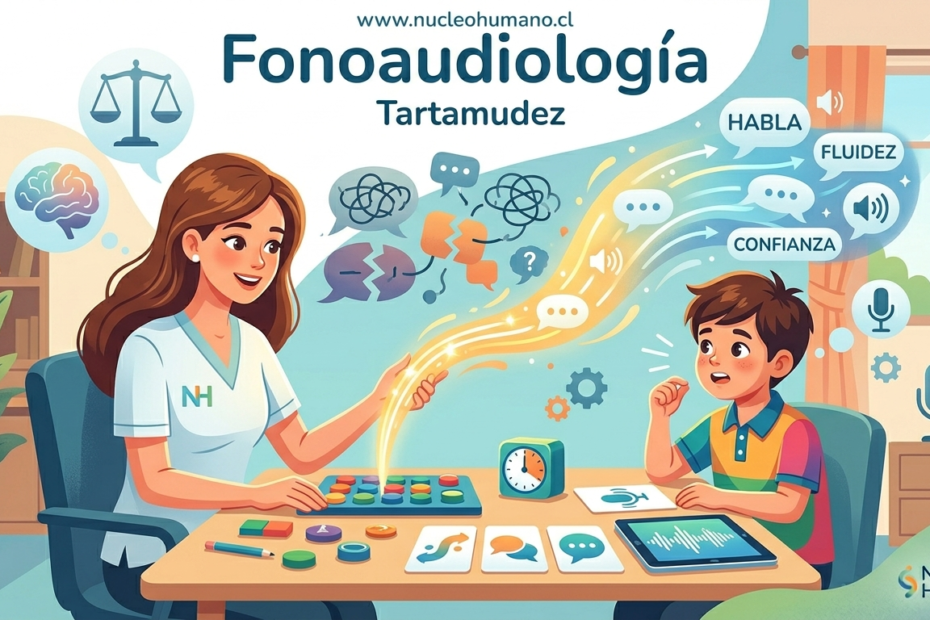 Ilustración de fonoaudiología clínica para tartamudez: transformación conceptual de un flujo de habla complejo en nudos a un habla fluida y clara con apoyo profesional.