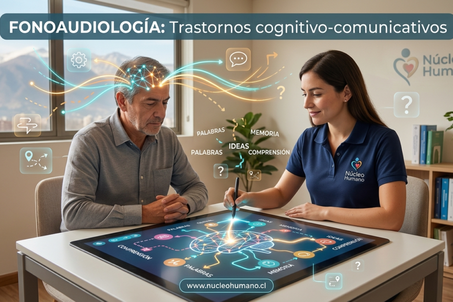 Especialista de Núcleo Humano realizando terapia de fonoaudiología para trastornos cognitivo-comunicativos con un paciente adulto, utilizando una interfaz digital de neurorehabilitación.