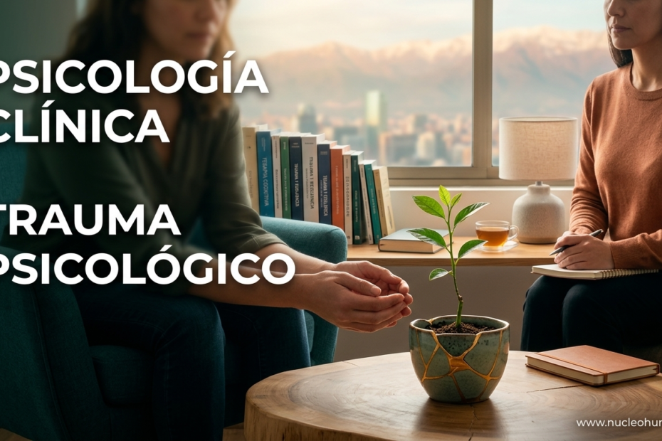 Sesión de psicología clínica para el tratamiento del trauma psicológico, mostrando un tazón reparado con la técnica kintsugi y una planta creciendo, simbolizando la resiliencia.