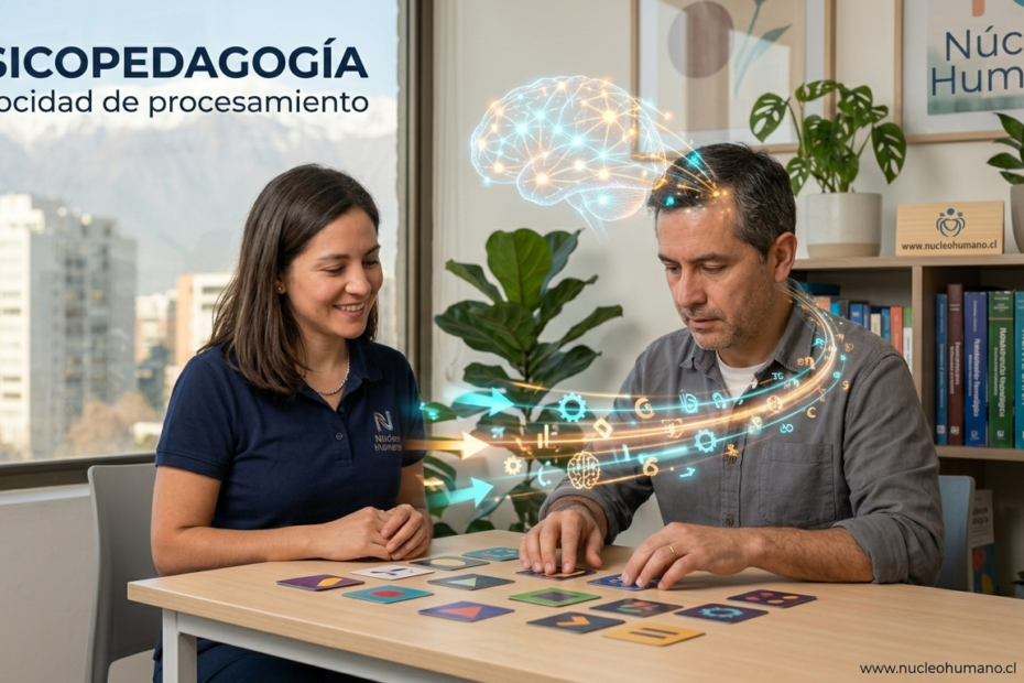 Especialista de Núcleo Humano realizando una sesión de psicopedagogía para mejorar la velocidad de procesamiento y la agilidad mental con apoyo visual de redes neuronales.