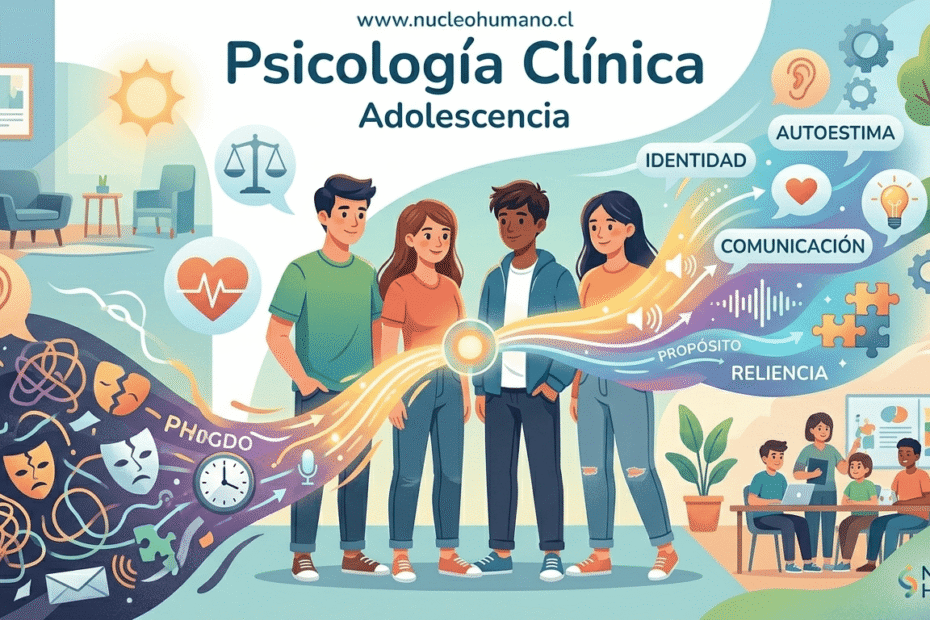 Ilustración conceptual de psicología clínica para la adolescencia, mostrando la transformación de fragmentación y búsqueda a claridad y conexión terapéutica para jóvenes con apoyo profesional en nucleohumano.cl.