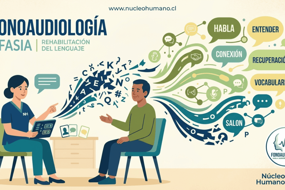 Ilustración conceptual de fonoaudiología para la afasia: un profesional ayudando a un paciente a reconstruir su comunicación mediante ejercicios de lenguaje representados por piezas de rompecabezas.
