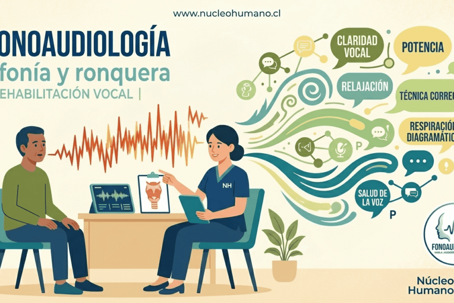 Ilustración conceptual de fonoaudiología para la voz: transformación de ondas sonoras irregulares en ondas fluidas, representando el tratamiento de la afonía y la ronquera en el centro clínico Núcleo Humano.