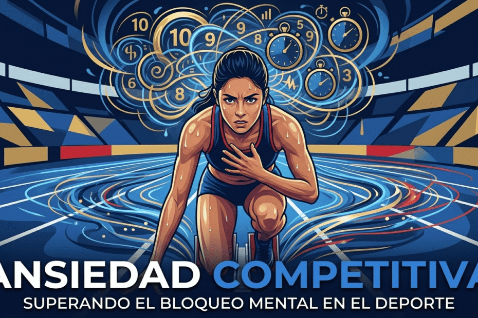Ilustración de psicología deportiva sobre ansiedad competitiva: un atleta en posición de salida rodeado de elementos abstractos que representan la presión y el enfoque emocional.