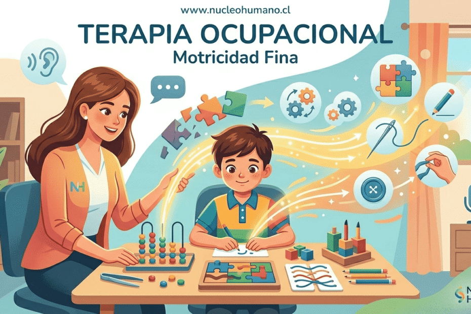 Ilustración conceptual de terapia ocupacional para motricidad fina, mostrando a una profesional guiando a un niño en ejercicios de precisión y transformación manual con engranajes y rompecabezas en nucleohumano.cl.